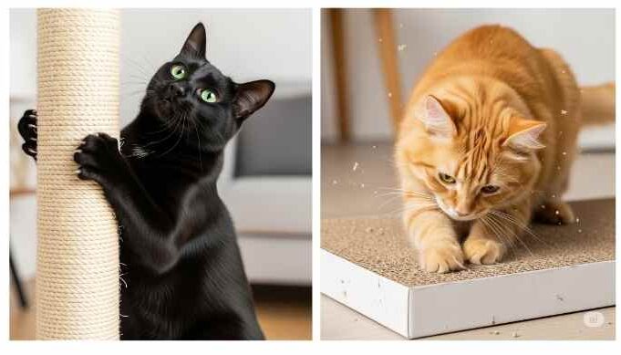 A split image illustrating two different cat scratching styles: a vertical climber on the left and a horizontal groundskeeper on the right.