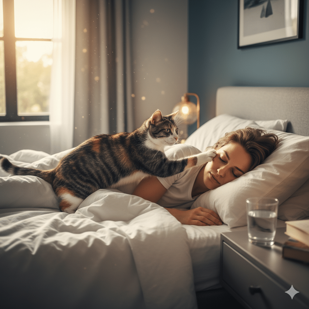 cat waking up it's owner.