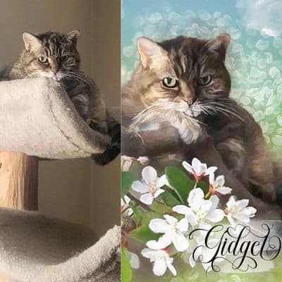 A side-by-side comparison of a tabby cat photo and its custom pet watercolor portrait created for donations.